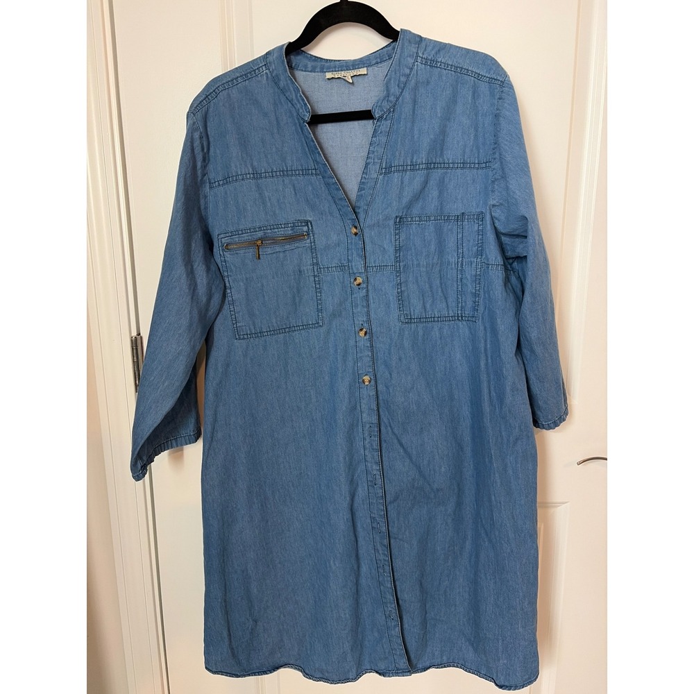 Speed Control New York Denim Shirt Dress Blue Chambray Plus Size 2X 3/4 Sleeve